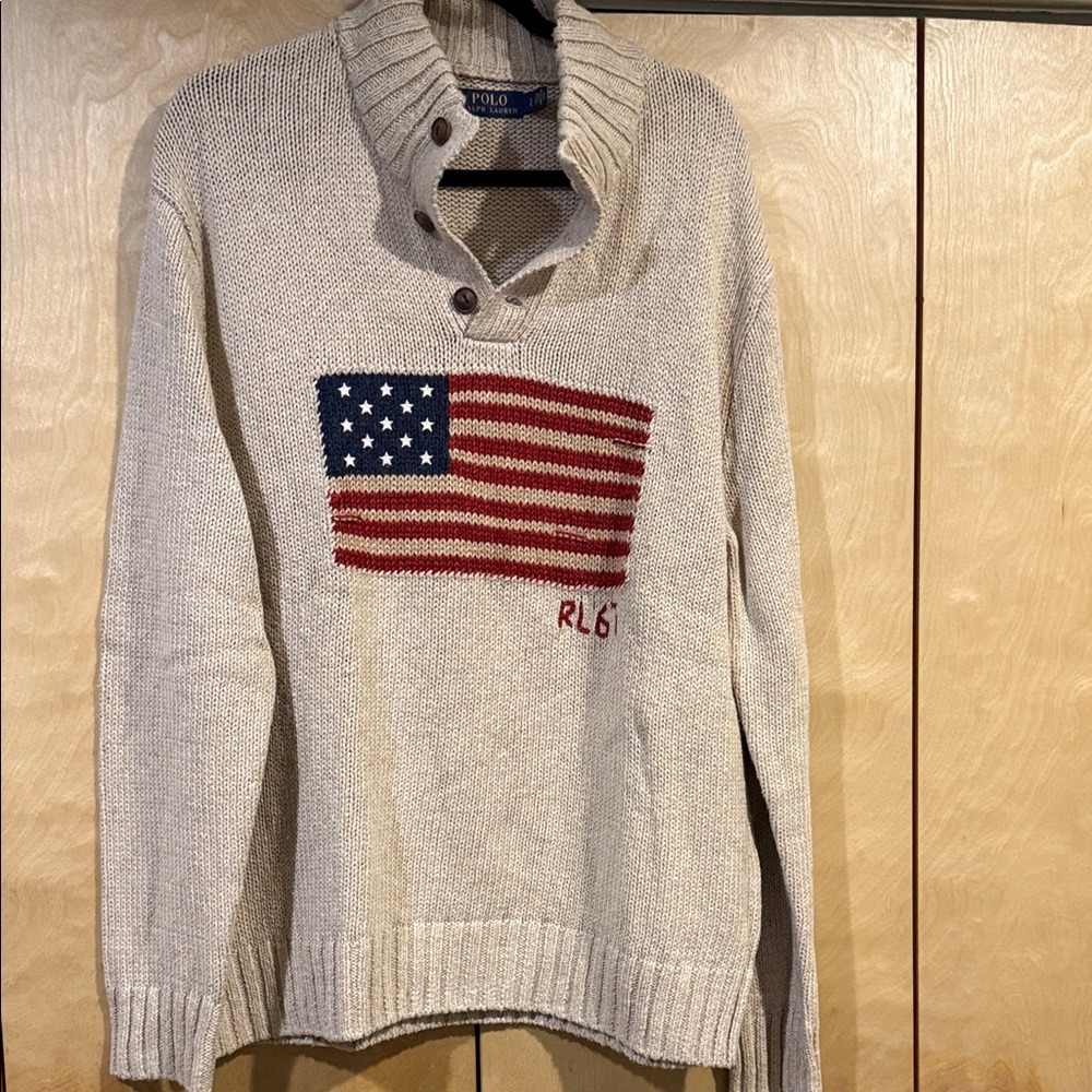 Polo by Ralph Lauren Cream Cardigan with American Flag